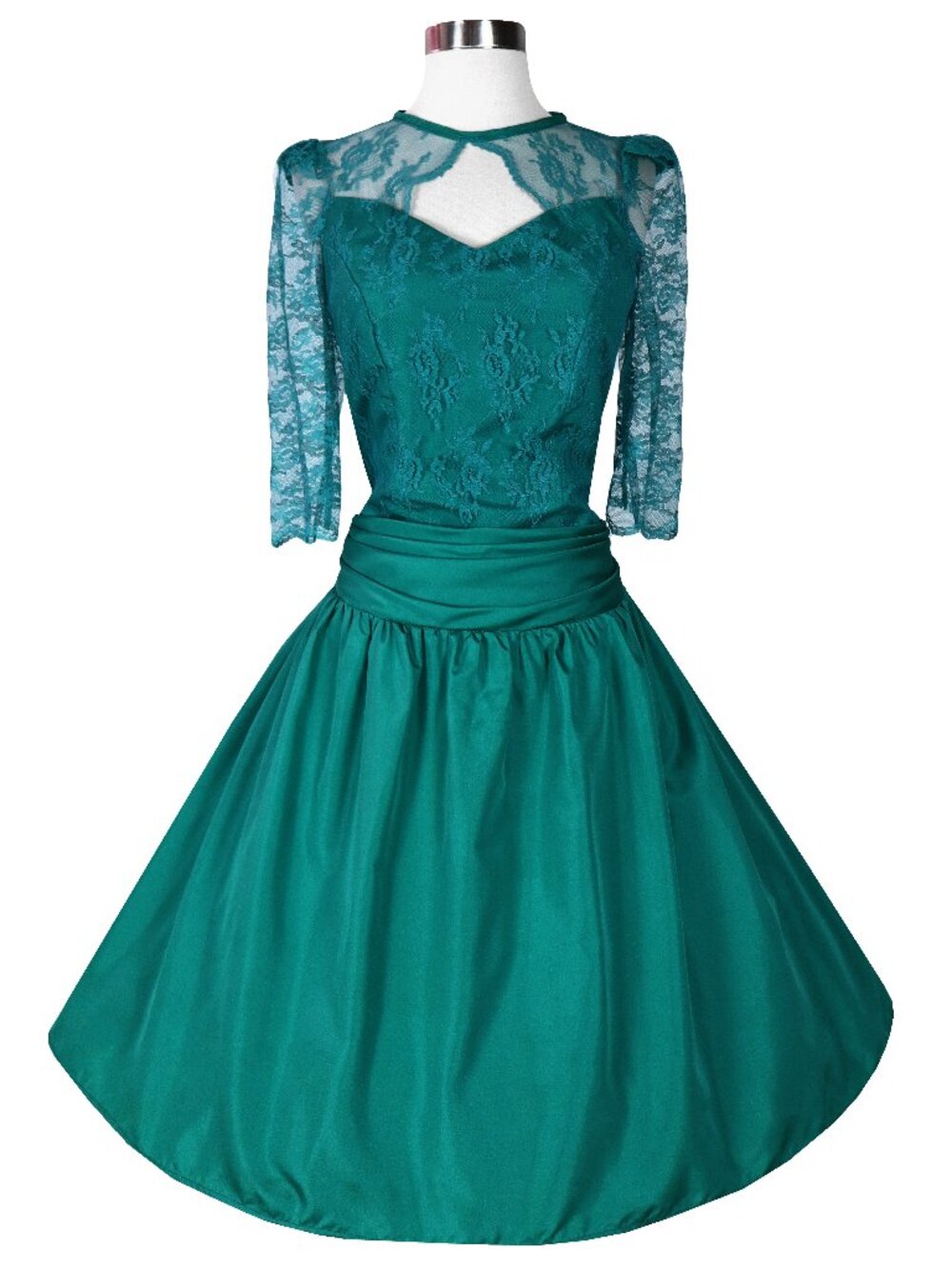 Vintage 80s Teal Blue Green Lace Big Bow Full Skirt Prom Party Evening Dress L